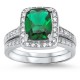 Green Stone Sterling Silver Wedding Engagement Ring Set
