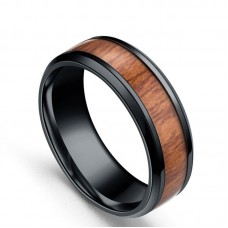 Black Stainless Steel Inlaid Wood Band Ring