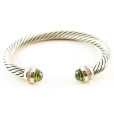 Green stone rhodium plated cable bangle